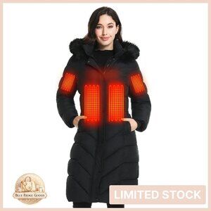 Heated Winter Jacket Long Coat Detachable Fur Hood 6-Zone Heating Battery Pack
